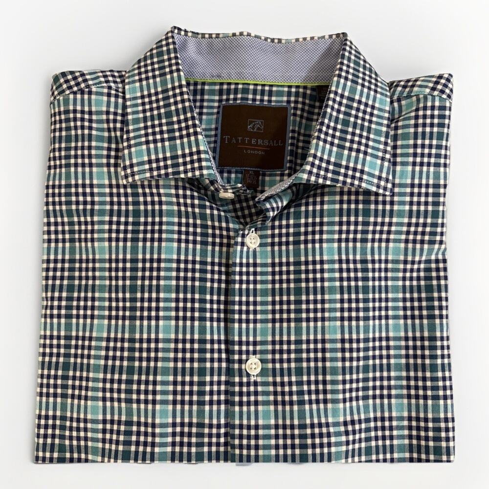 Tattersall London Men's Dress Shirt - Long Sleeve Blue Plaid - XL 17-17.5 34/35